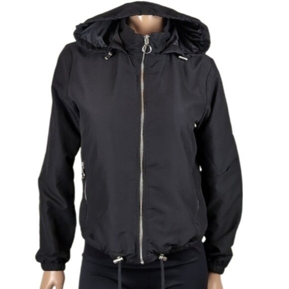 Suzy Shier Soft Shell Hooded Jacket Black Drawstring Adjustable Spring Fall